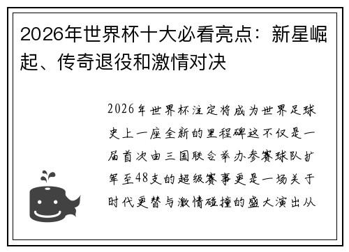 2026年世界杯十大必看亮点:新星崛起、传奇退役和激情对决 2026年世界杯十大必看亮点:新星崛起、传奇退役和激情对决