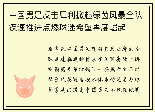 中国男足反击犀利掀起绿茵风暴全队疾速推进点燃球迷希望再度崛起